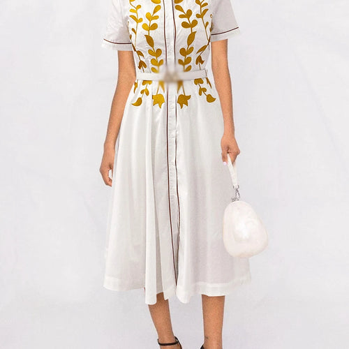 Hit Color Spliced Appliques Long Dress for Women Lapel Short Sleeves Patchwork Single Breasted Dress Female Fashion